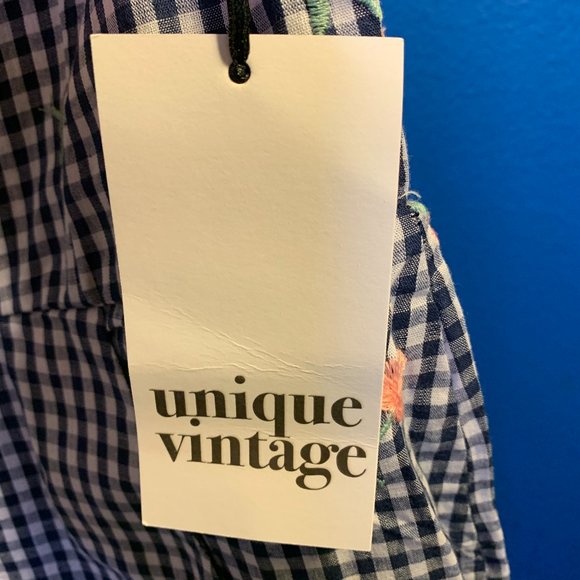 Unique Vintage Navy Gingham & Pink Floral Embroidered Rae Romper with Bow Size M - Picture 6 of 8